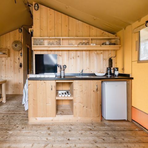 Tente en toile et en bois 5 personnes - Bos Escape - Poêle et bain nordique