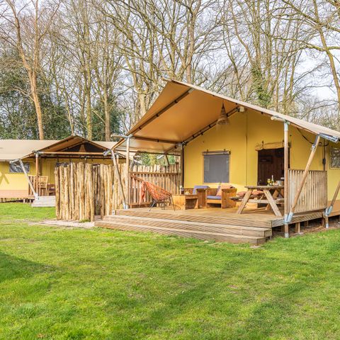 Tente en toile et en bois 5 personnes - Bos Escape - Poêle et bain nordique