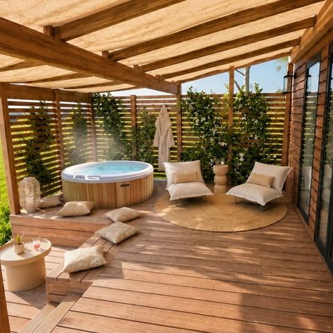 Mobilhome 4 personnes - Cocoon - 2 chambres - 2 salles de bain - PREMIUM+ -33m²- SPA-Clim-TV-lave-vaisselle-plancha-terrasse couv.-pack travel