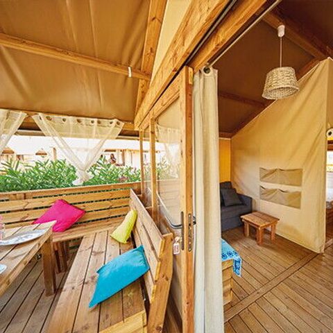 Tente en toile et en bois 5 personnes - Lodge | 2 Ch. | 4/5 Pers. | Terrasse surélevée | TV