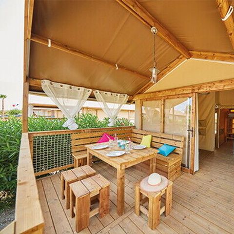 Tente en toile et en bois 5 personnes - Lodge | 2 Ch. | 4/5 Pers. | Terrasse surélevée | TV