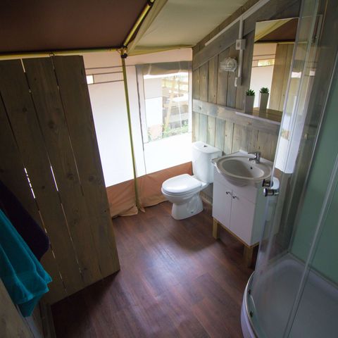 TENTE TOILE ET BOIS 5 personnes - Polari - Tente Safari + sanitaires + climatisation (5P)