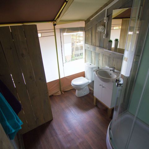 Tente en toile et en bois 5 personnes - Polari - Tente Safari + sanitaires + climatisation (5P)