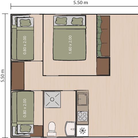 Tente en toile et en bois 5 personnes - Polari - Tente Safari + sanitaires + climatisation (6P)
