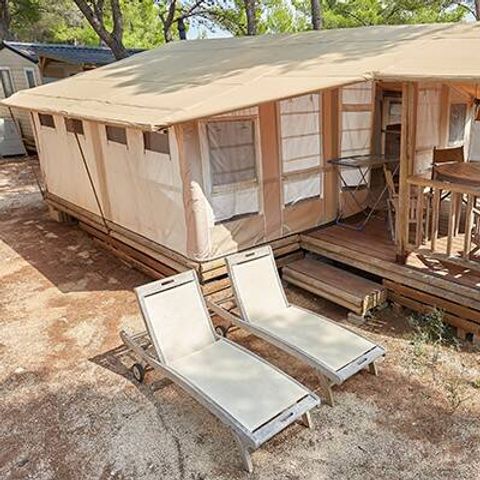 Tente en toile et en bois 5 personnes - Tente Safari | 2 Ch. | 4/5 Pers. | Clim.