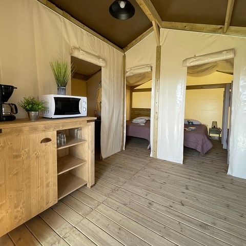 Tente en toile et en bois 5 personnes - Tente Lodge FreeFlower Standard 30m² (2 chambres) + Terrasse 5 pers
