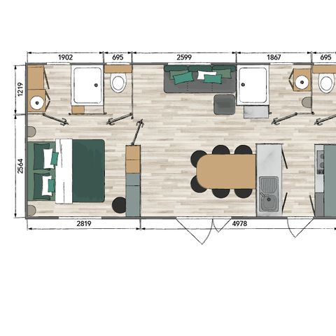 MOBILHOME 6 personnes - NEW // Cottage Premium 3 chambres - 2 salles de bain + 2 WC + Terrasse semi-couverte + Clim + TV