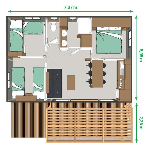 CHALET 6 personnes - Confort 35m² 3 chambres terrasse semi-couverte + climatisation