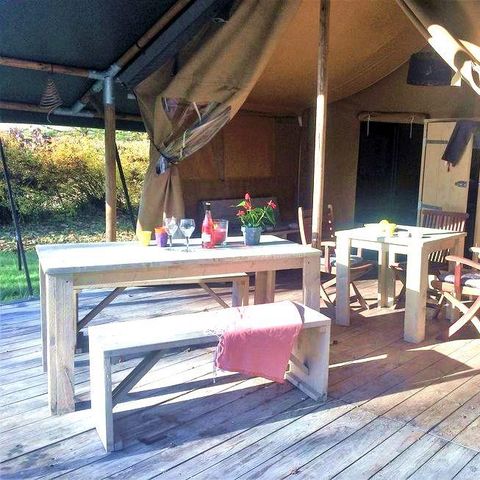 Tente en toile et en bois 6 personnes - Tente Lodge Safari 35 m² - 2 chambres - 10 m² terrasse couverte