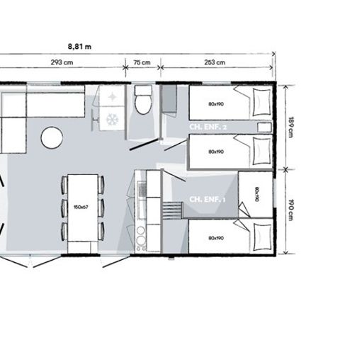 MOBILHOME 8 personnes - Mobil-home 32m² (3 chambres) + grande terrasse semi-couverte de 18m²