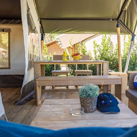 Tente en toile et en bois 5 personnes - Tente safari Confort + climatisation