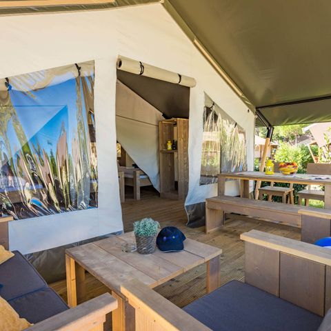 Tente en toile et en bois 5 personnes - Tente safari Confort + climatisation