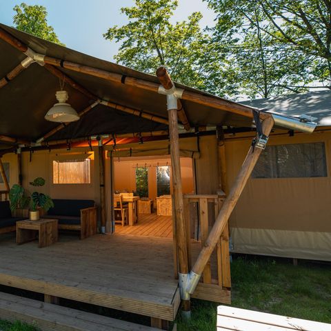 Tente en toile et en bois 8 personnes - Tente safari avec sanitaires privés | 8 personnes
