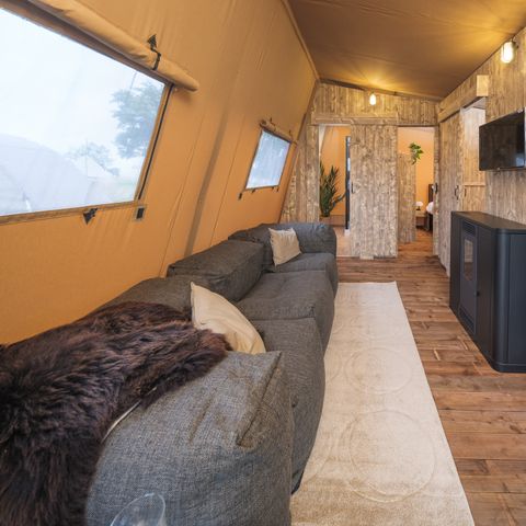 Tente en toile et en bois 5 personnes - Tente tribu avec sanitaires privés