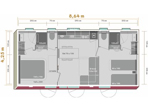 MOBILHOME 5 personnes - Premium PLUS 2ch-CLIM- 2 SDB-TV-LV-plancha-terrasse couverte-33m² | PREMIUM