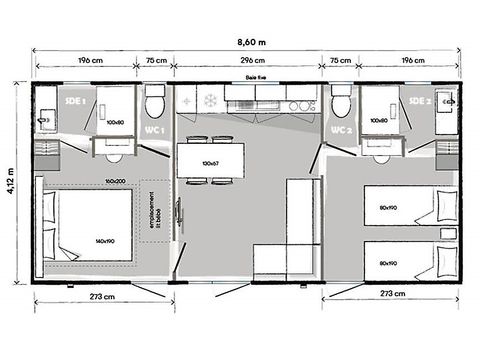 MOBILHOME 5 personnes - PREMIUM - 2 chambres avec climatisation +TV+ Plancha à gaz + 2 SDB 