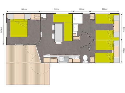 Mobilhome 6 personnes - Grand confort Tamaris 6 personnes - 3 chambres, climatisé, téléviseur