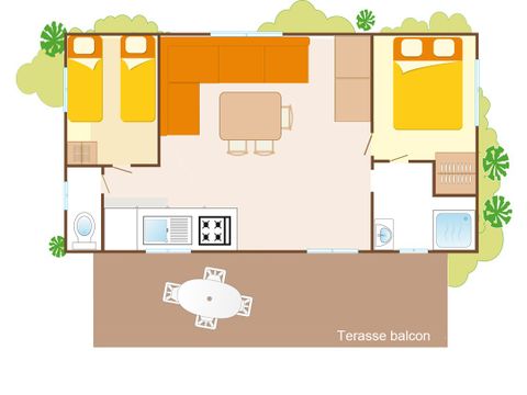 MOBILHOME 6 personnes - Comfort | 2 Ch. | 4/6 Pers. | Terrasse surélévée non couverte | Clim.