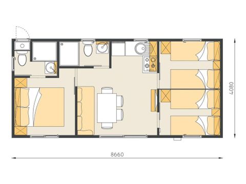 MOBILHOME 6 personnes - Comfort XL | 3 Ch. | 6 Pers. | Terrasse surélevée | 2 SDB | Clim. | TV