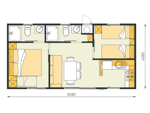 Mobilhome 4 personnes - Mobil-home | Comfort XL | 2 Ch. | 4 Pers. | Terrasse surélevée | 2 SDB | Clim. | TV